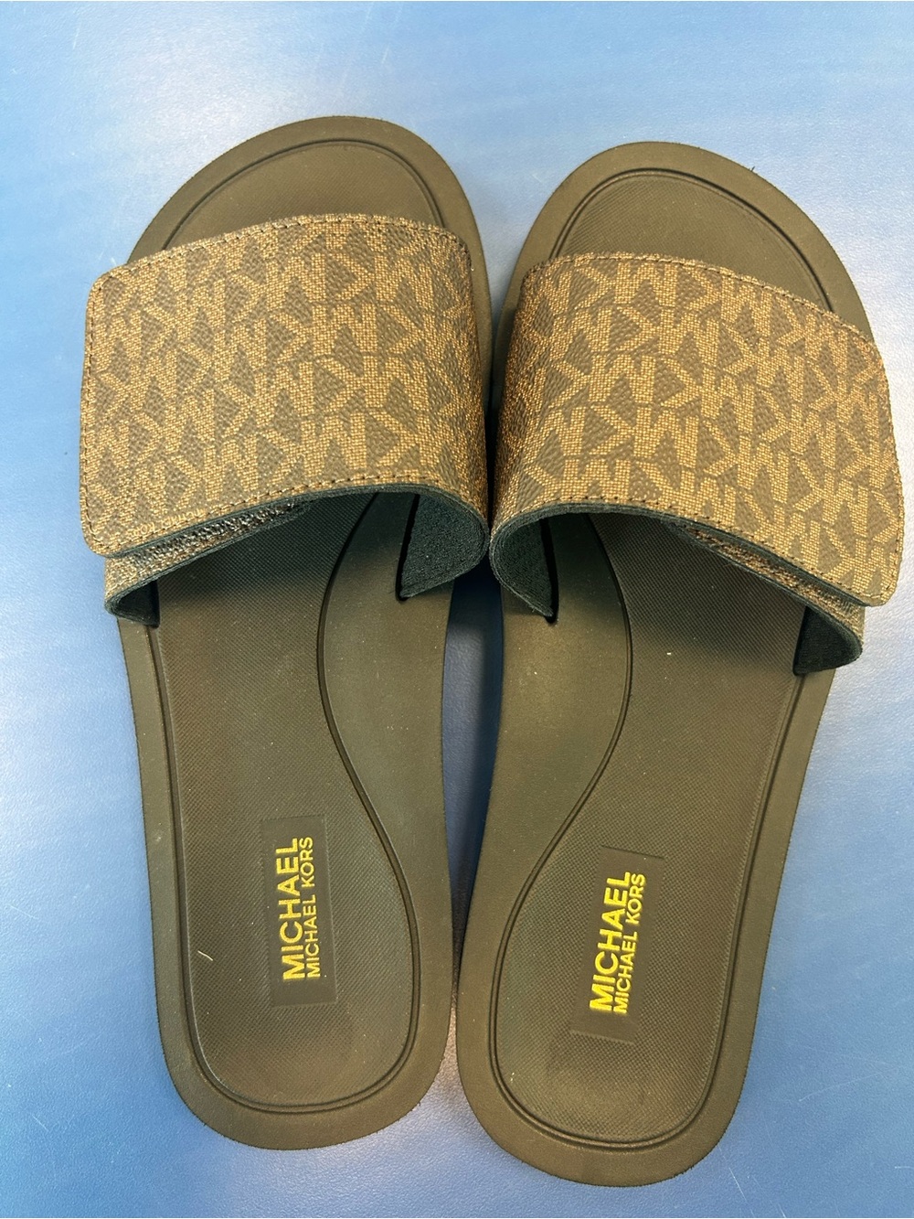 NWT Michael Kors brown logo Slide Sandals with Yellow Logo
